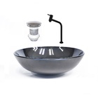 Cuba De Vidro Redonda 42cm Grafite + Valvula + Torneira Preta
