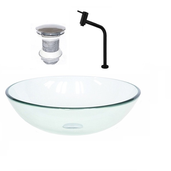 Cuba De Vidro Redonda 42cm Incolor + Valvula + Torneira Preta