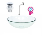 Cuba De Vidro Redonda 42cm Incolor + Válvula Click + Torneira
