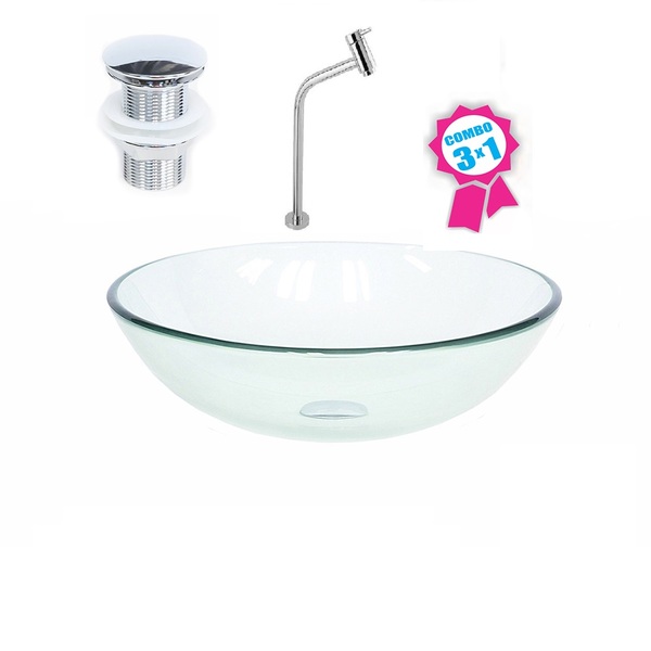 Cuba De Vidro Redonda 42cm Incolor + Válvula Click + Torneira