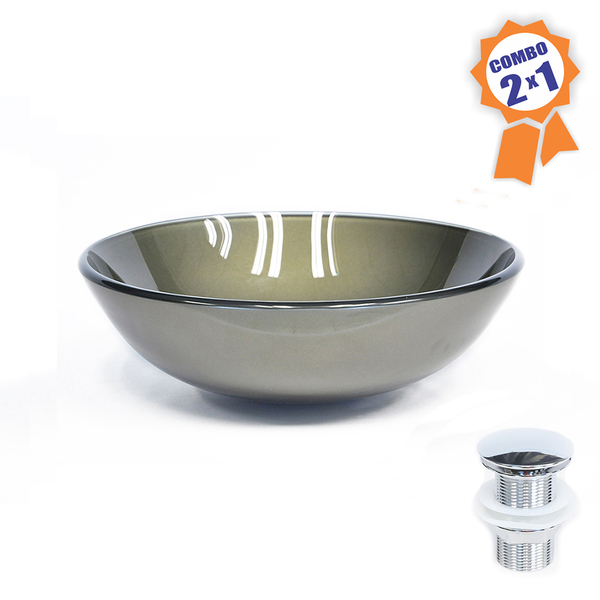 Cuba De Vidro Redonda 42cm Ouro Envelhecido + Válvula Click