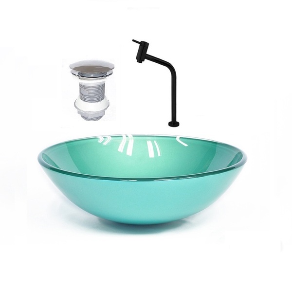Cuba De Vidro Redonda 42cm Verde + Valvula + Torneira Preta