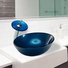 Cuba de Vidro Redonda Pequena Azul com Válvula Click, Sifão e