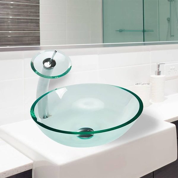 Cuba de Vidro Redonda Pequena Incolor,com Válvula Click, Sifã