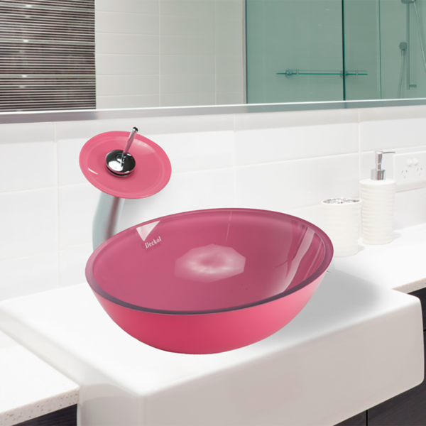 Cuba de Vidro Redonda Rosa com Válvula Click, Sifão e Torneir