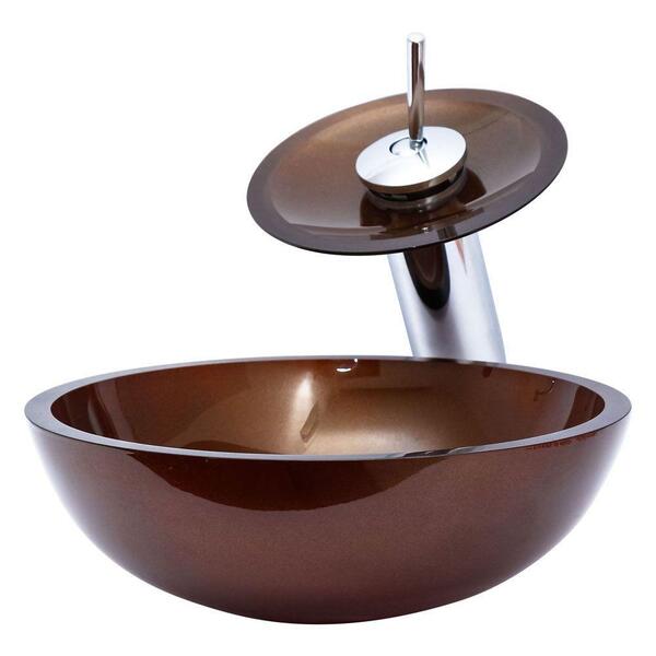 Cuba De Vidro Redonda Torneira Cascata +válvula+sifão Marrom