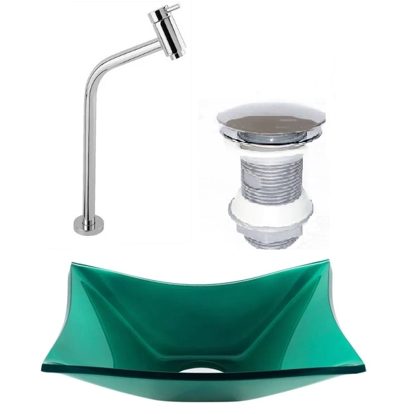 Cuba De Vidro Retangular 39cm Verde + Valvula Click + Torneira