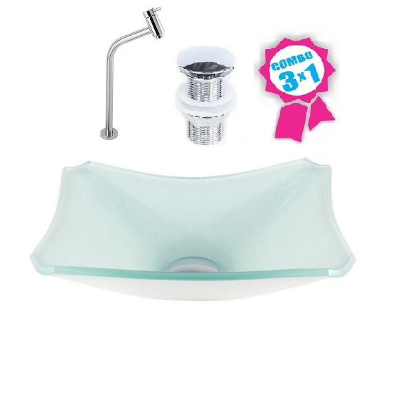 Cuba De Vidro Retangular Chanfrada 37cm Branco + Válvula Clic