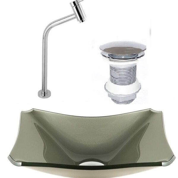 Cuba De Vidro Retangular Chanfrada 37cm Champanhe + Válvula C