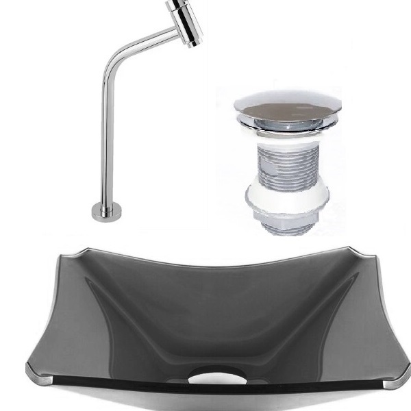 Cuba De Vidro Retangular Chanfrada 37cm Grafite + Válvula Cli