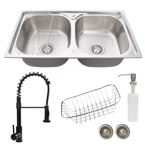 Cuba Dupla 78x43cm Em Inox Escovado E Torneira Gourmet Black