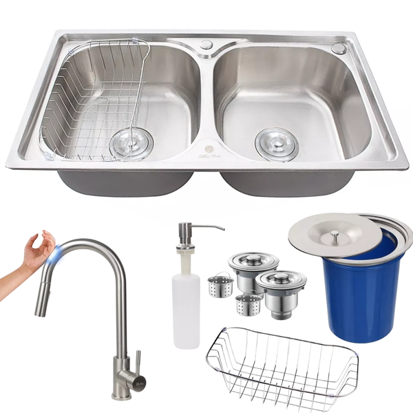 Cuba Dupla Aço Inox304 + Torneira Touch E Lixeira De Embutir