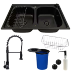 Cuba Dupla Aço Inox Black + Torneira Gourmet Preta E Lixeira