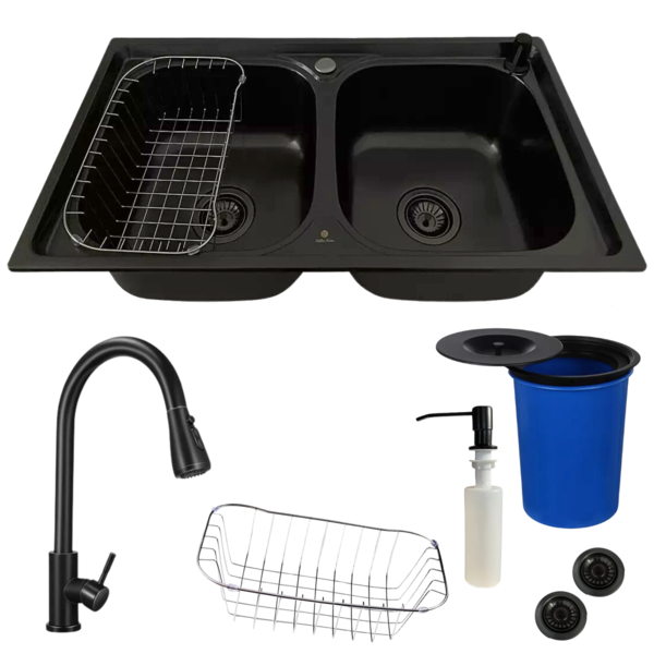 Cuba Dupla Aço Inox Preto +torneira Gourmet Preta E Lixeira