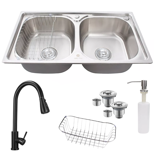 Cuba Dupla Cozinha Aço Inox 304 + Torneira Extensível Preta