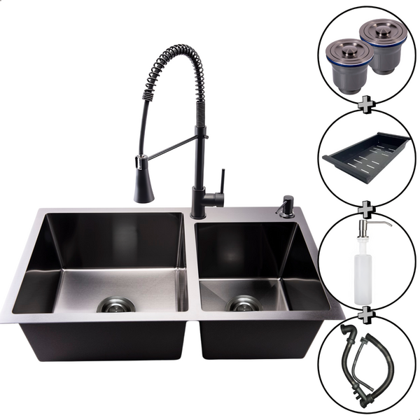 Cuba Dupla Cozinha Gourmet Preta Inox + Torneira Monocomando