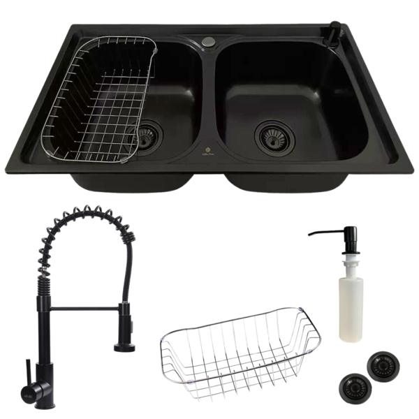 Cuba Dupla Em Aço Inox Black + Torneira Gourmet Preto Fosco