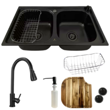 Cuba Dupla Em Inox Black + Torneira Extensível Preta E Tábua