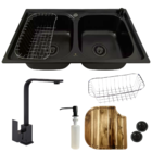 Cuba Dupla Em Inox Escovado Preto Com Torneira Black E Tábua