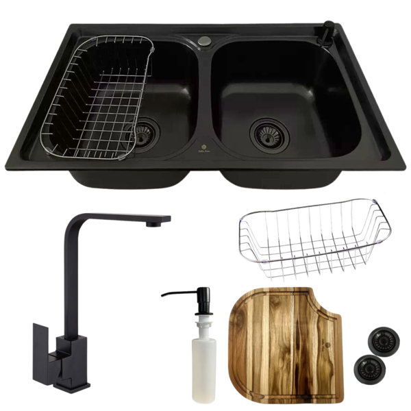 Cuba Dupla Em Inox Escovado Preto Com Torneira Black E Tábua