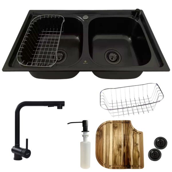 Cuba Dupla Gourmet 78x43 Inox Preta + Torneira Preta E Tábua