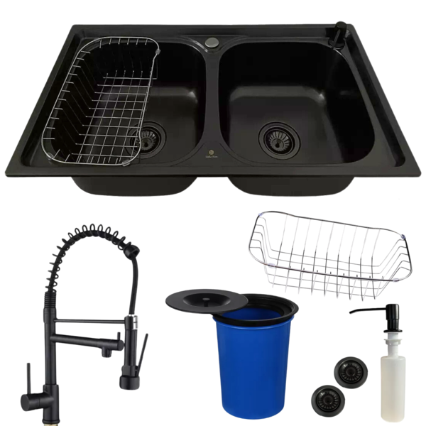 Cuba Dupla Gourmet Aço Inox Preta + Torneira Preta E Lixeira