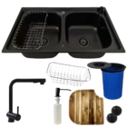 Cuba Dupla Gourmet Aço Inox Preta + Torneira Tábua E Lixeira