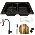 Cuba Dupla Gourmet Aço Inox Preta Com Torneira Touch E Tábua