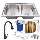 Cuba Dupla Inox304 Torneira Extensível Preta Tábua E Lixeira