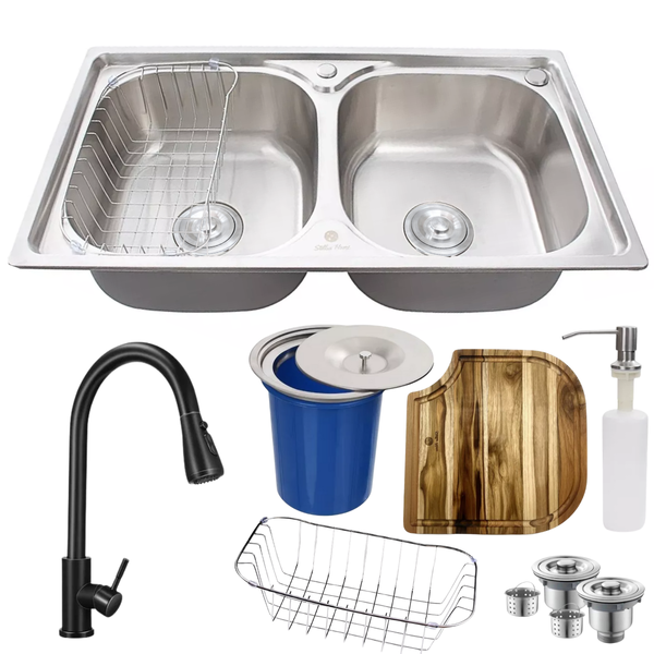 Cuba Dupla Inox304 Torneira Extensível Preta Tábua E Lixeira