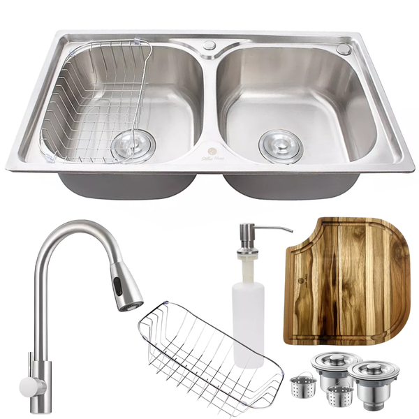 Cuba Dupla Inox 304 + Torneira Extensível E Tábua De Corte