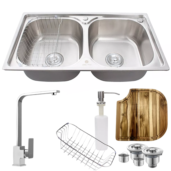 Cuba Dupla Inox 304 + Torneira Monocomando Escovada E Tábua