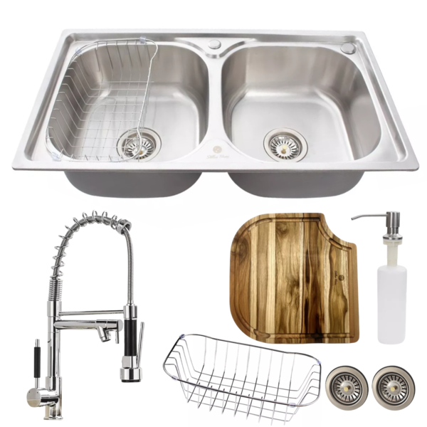 Cuba Dupla Inox Escovado + Torneira Gourmet E Tábua De Corte