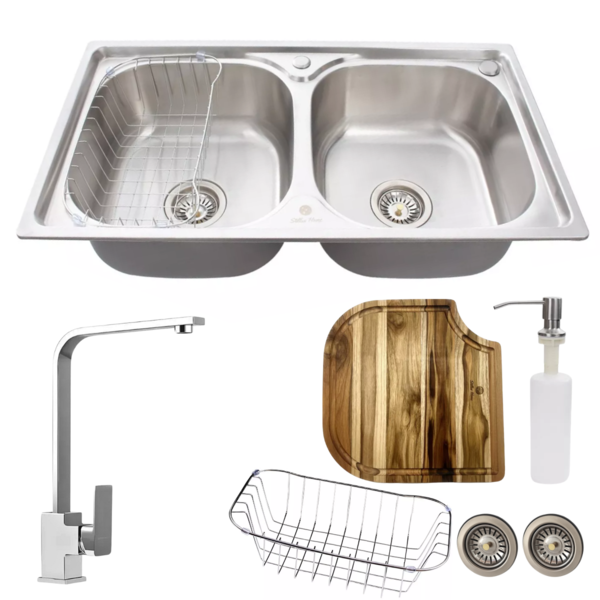 Cuba Dupla Inox Escovado + Torneira Gourmet Escovada E Tábua