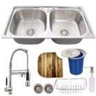 Cuba Dupla Inox Escovado + Torneira Gourmet Tábua E Lixeira