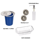 Cuba Dupla Inox Escovado+torneira Extensível Preta E Lixeira