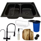 Cuba Dupla Inox Preta + Torneira Para Filtro Tábua E Lixeira