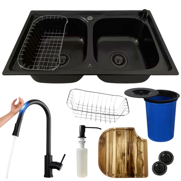 Cuba Dupla Inox Preta + Torneira Touch Preta Lixeira E Tábua