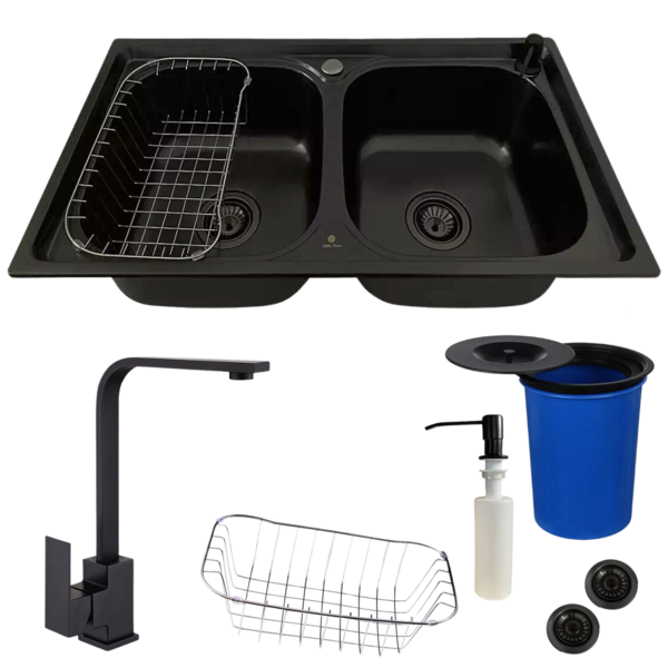 Cuba Dupla Inox Preto Escovado Com Torneira Black E Lixeira