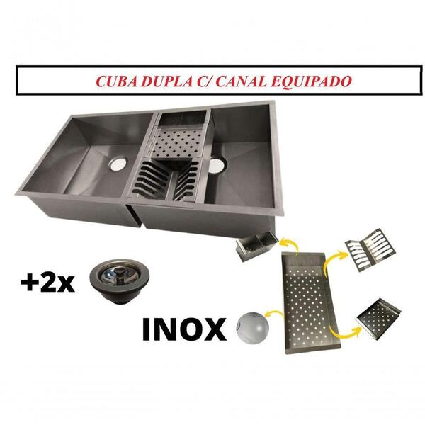 Cuba Dupla Para Cozinha Com Válvula Inox 40x40 Moderna + Cana