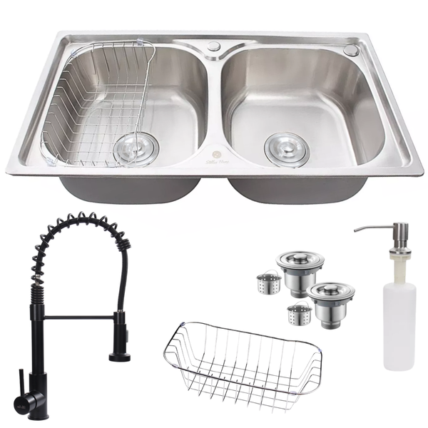 Cuba Dupla Para Cozinha Em Inox 304 E Torneira Gourmet Preta