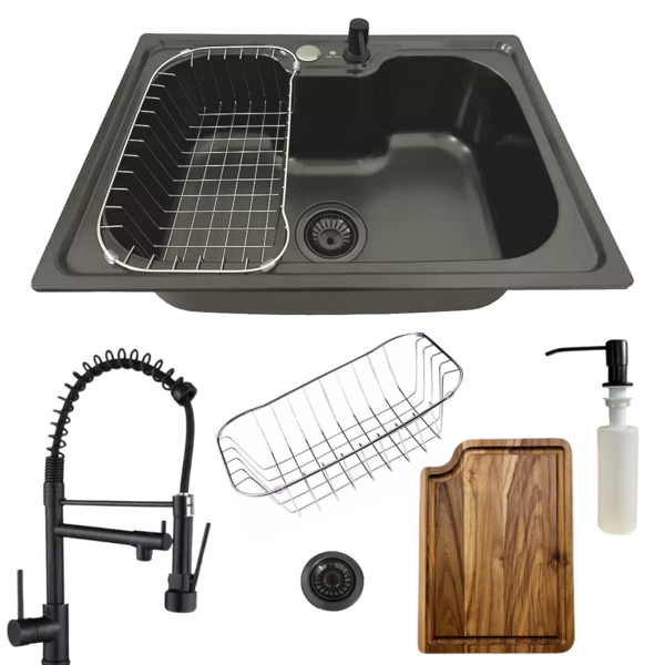 Cuba Gourmet Inox Preta 50x40cm  Com Torneira Preta E Tábua