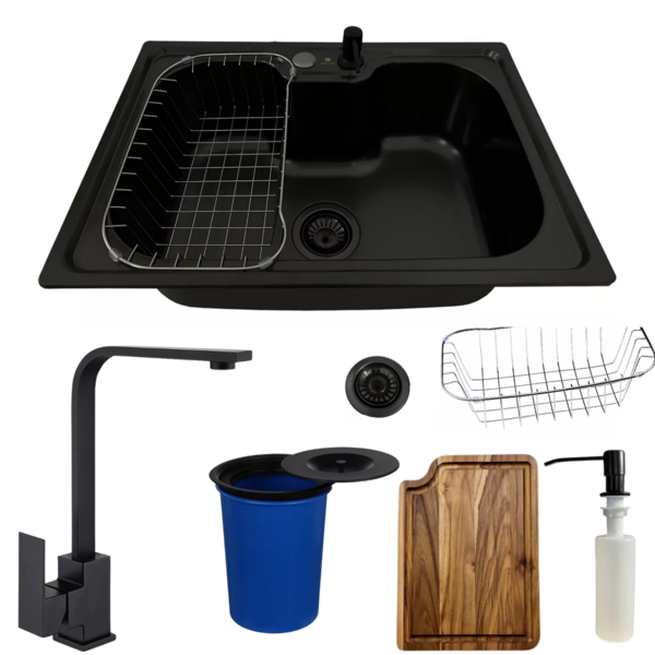 Cuba Inox Black 50x40 Torneira Slim Tábua E Lixeira Embutida