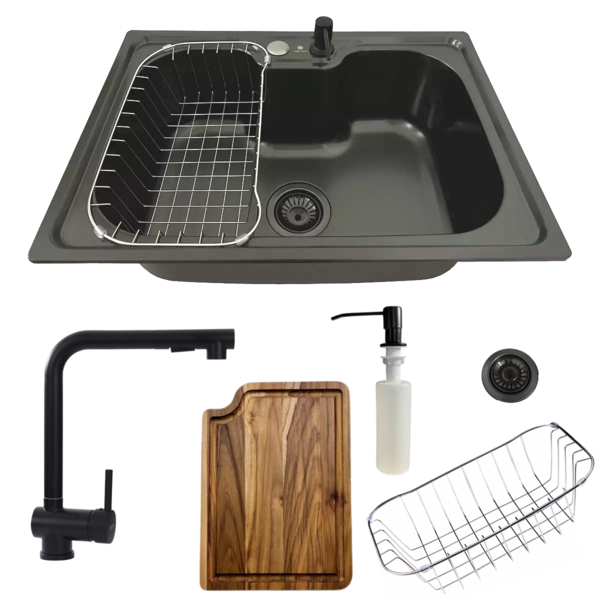 Cuba Inox Black 60x42cm + Tábua E Torneira Extensível Preta