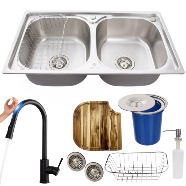 Cuba Inox Dupla Escovada +torneira Touch Preta Tábua Lixeira