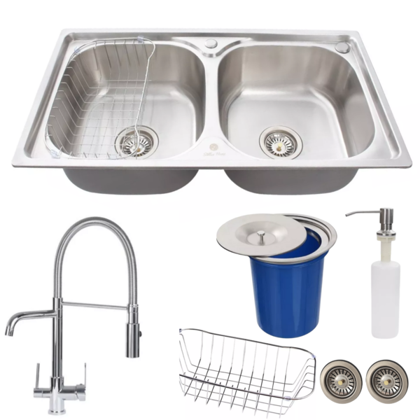 Cuba Inox Escovado Dupla + Torneira Gourmet Filtro E Lixeira