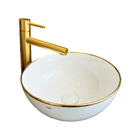 Cuba para Banheiro Cerâmica Branca e Dourada Redonda 36cm Ren