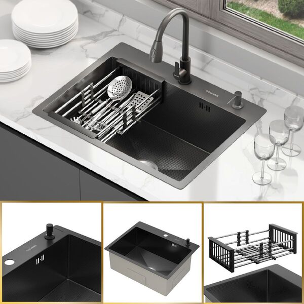 Cuba Para Cozinha Mônaco Quadrada Preto Aço Inox 304 Com Cest