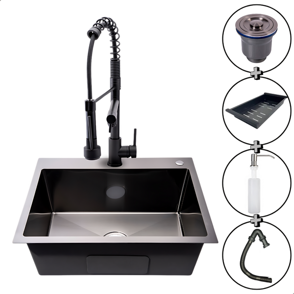 Cuba Pia Cozinha Inox Quadrada Preta E Torneira Monocomando