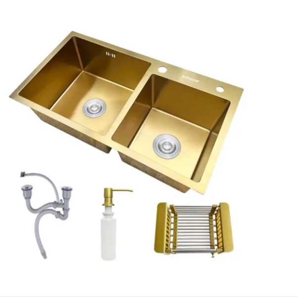 Cuba Pia Gourmet Dupla Dourada Cozinha Aço Inox C/ Acessório